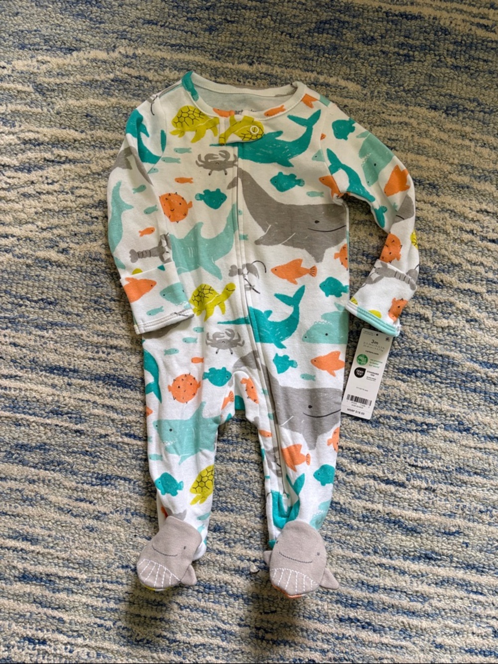 Carter’s Footed One-Piece Pajamas with Sea Creatures Print - White/Teal/Gray